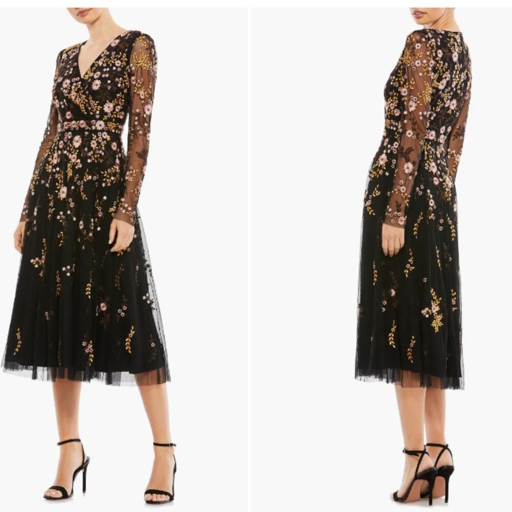 MAC DUGGAL 35103 FLORAL EMBROIDERED A-LINE BLACK MULTI DRESS   sz 16